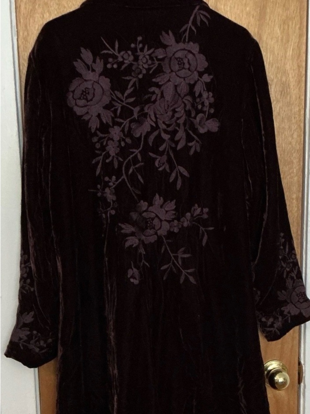 Coldwater Creek Velvet Long Trench Coat in Deep Burgundy - Picture 2 of 7